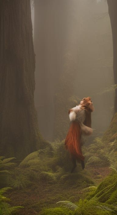 Mysterious Faerie Dancing with Red Fox in Foggy Redwood Fore...