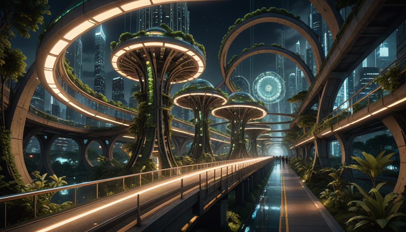 Futuristic City at Night with Sun-Wheel Spirals & Glowing Po...