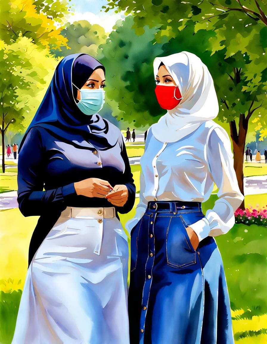 Vibrant Watercolor: Niqabi Teachers Chatting in Park