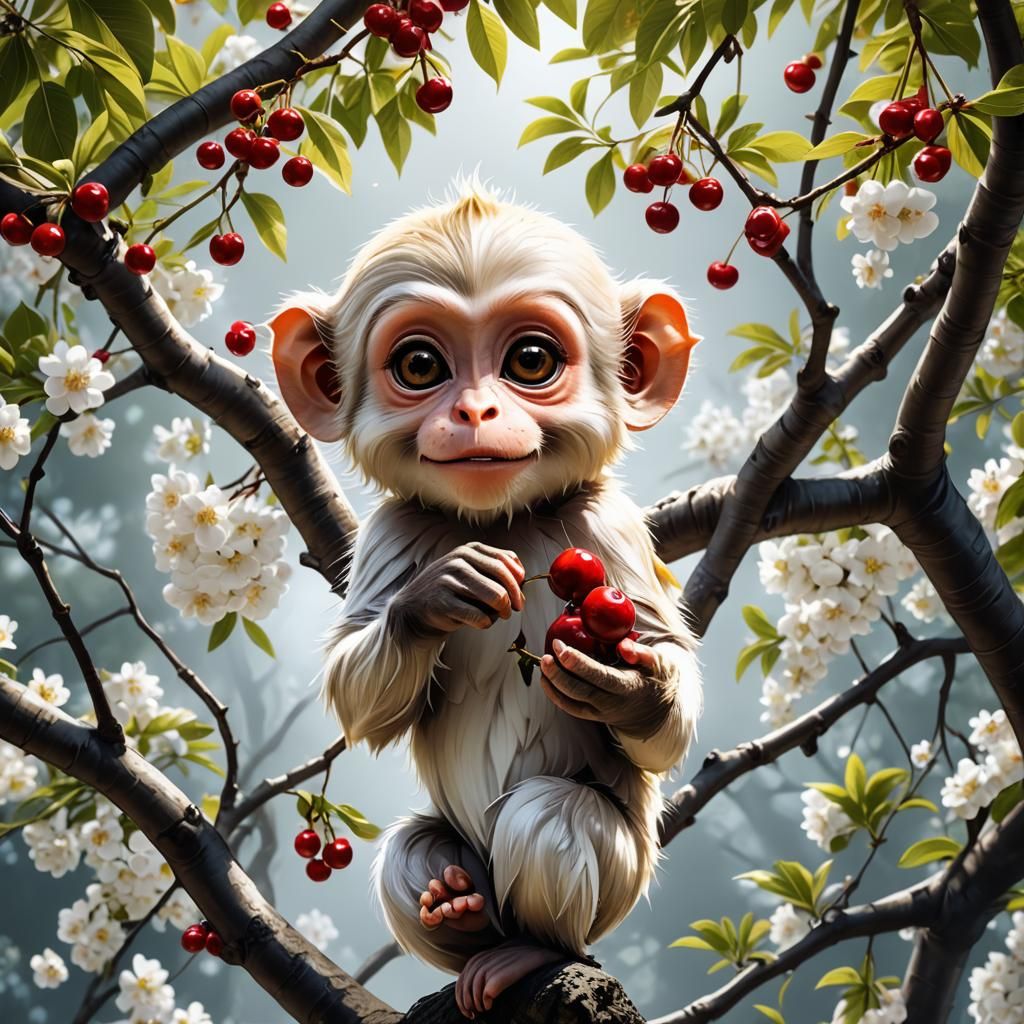 Hyperrealistic Anime Chibi Monkey in Cherry Blossom Paradise