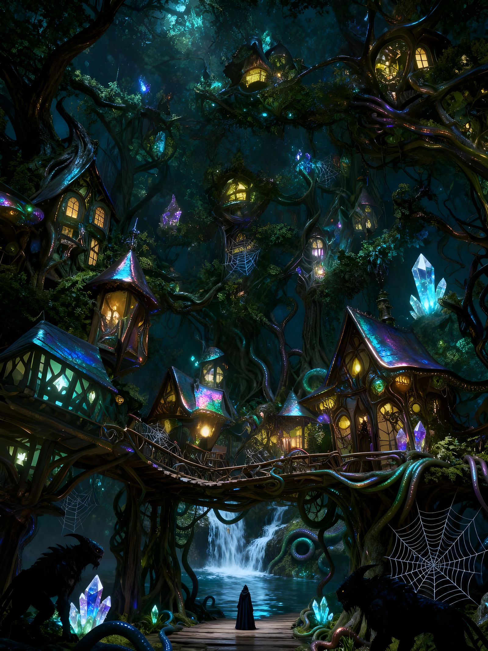 Mystical Tree Village in Twisted Fairytale Land at Night
