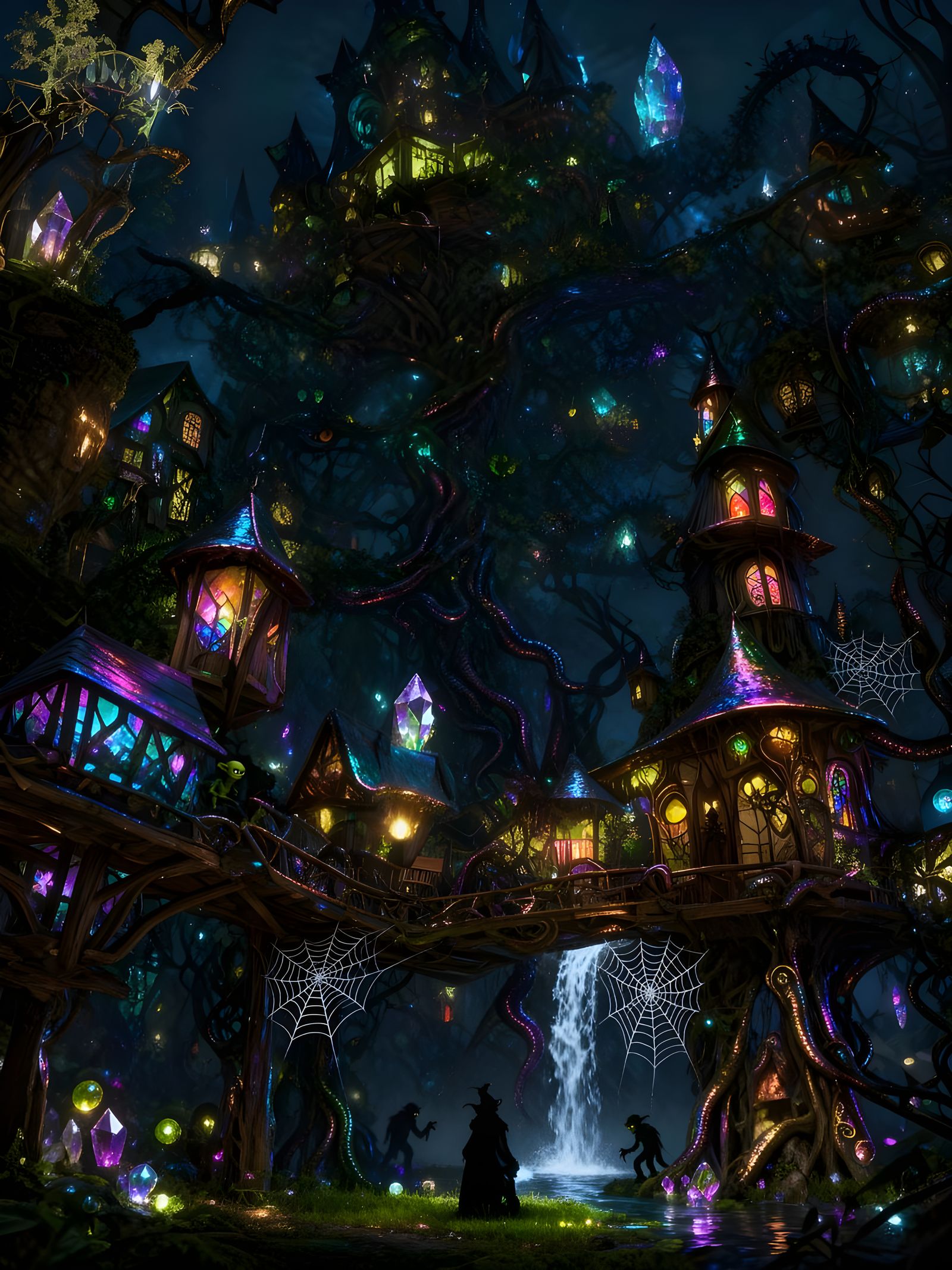 Mystical Goblincore Tree Village at Night