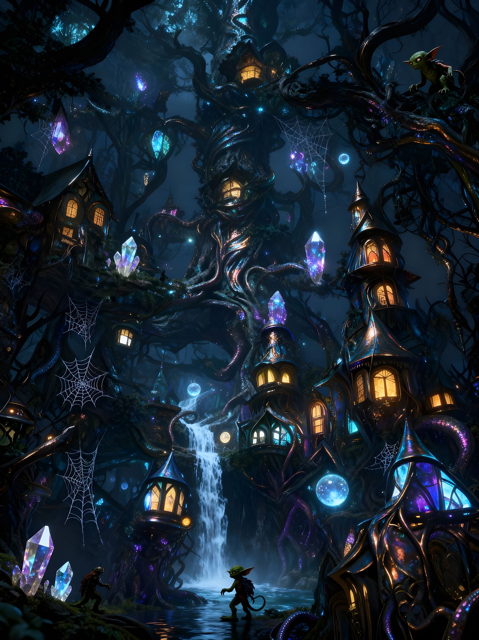 Enchanted Goblin Village at Night in High Fantasy Style
