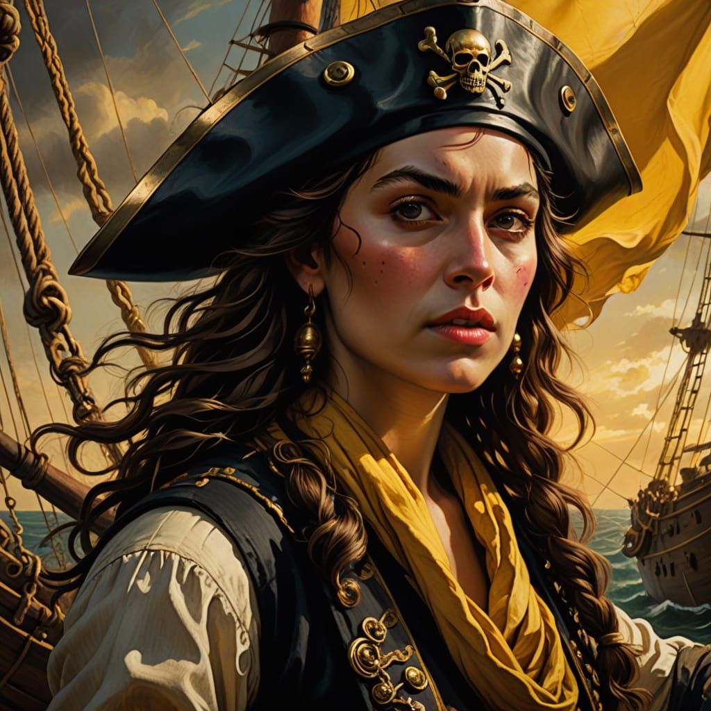 Female Pirate Raising Jolly Roger Flag in Baroque Style