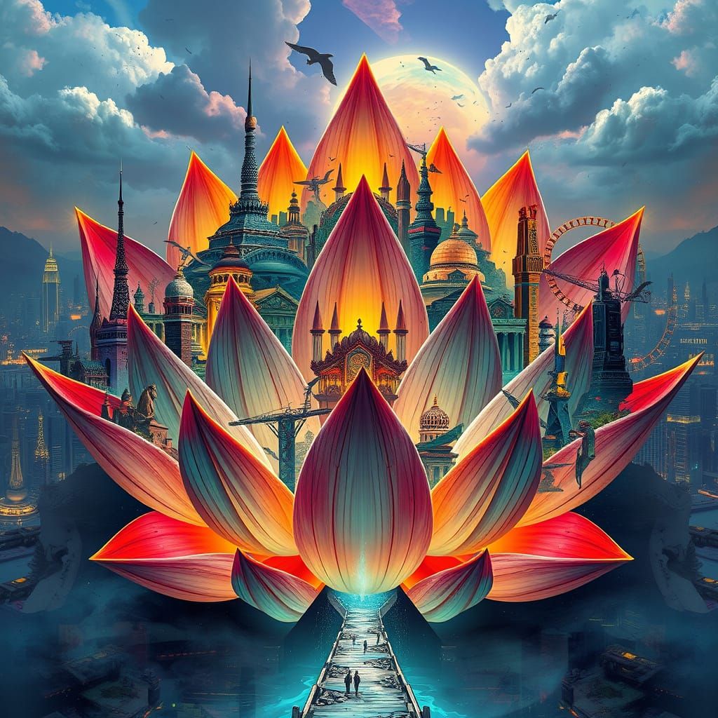 Lotus Flower Merges with Futuristic Cityscape