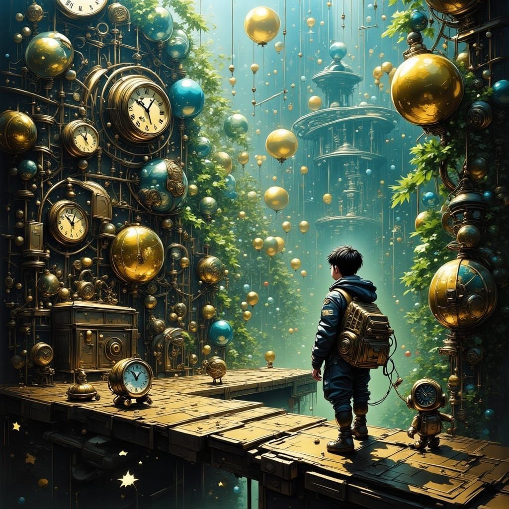 <lora:BRASSY BALLOONACY:1.0> An ancient, overgrown clockwork...