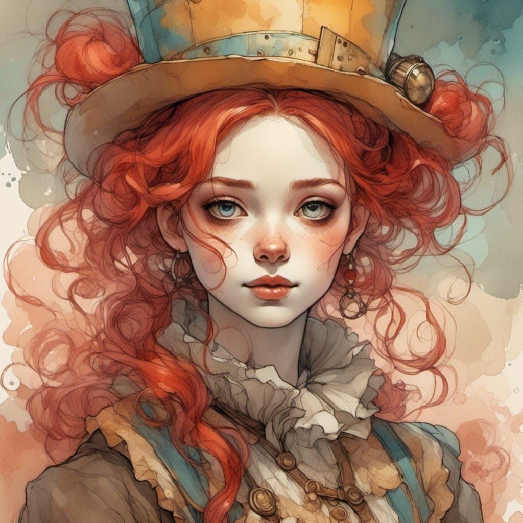 Steampunk Clown Girl in Whimsical Pencil Style