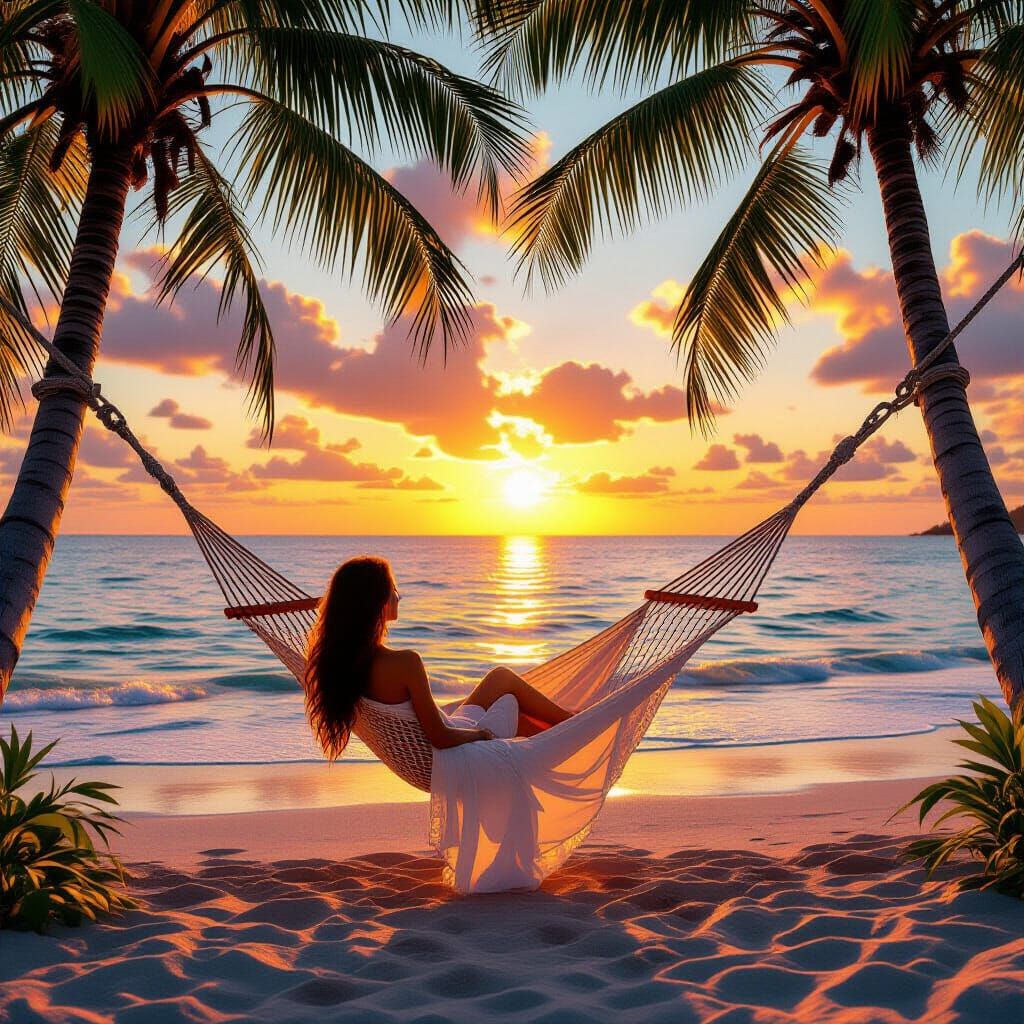 Woman Relaxing in Hammock at Tropical Sunset