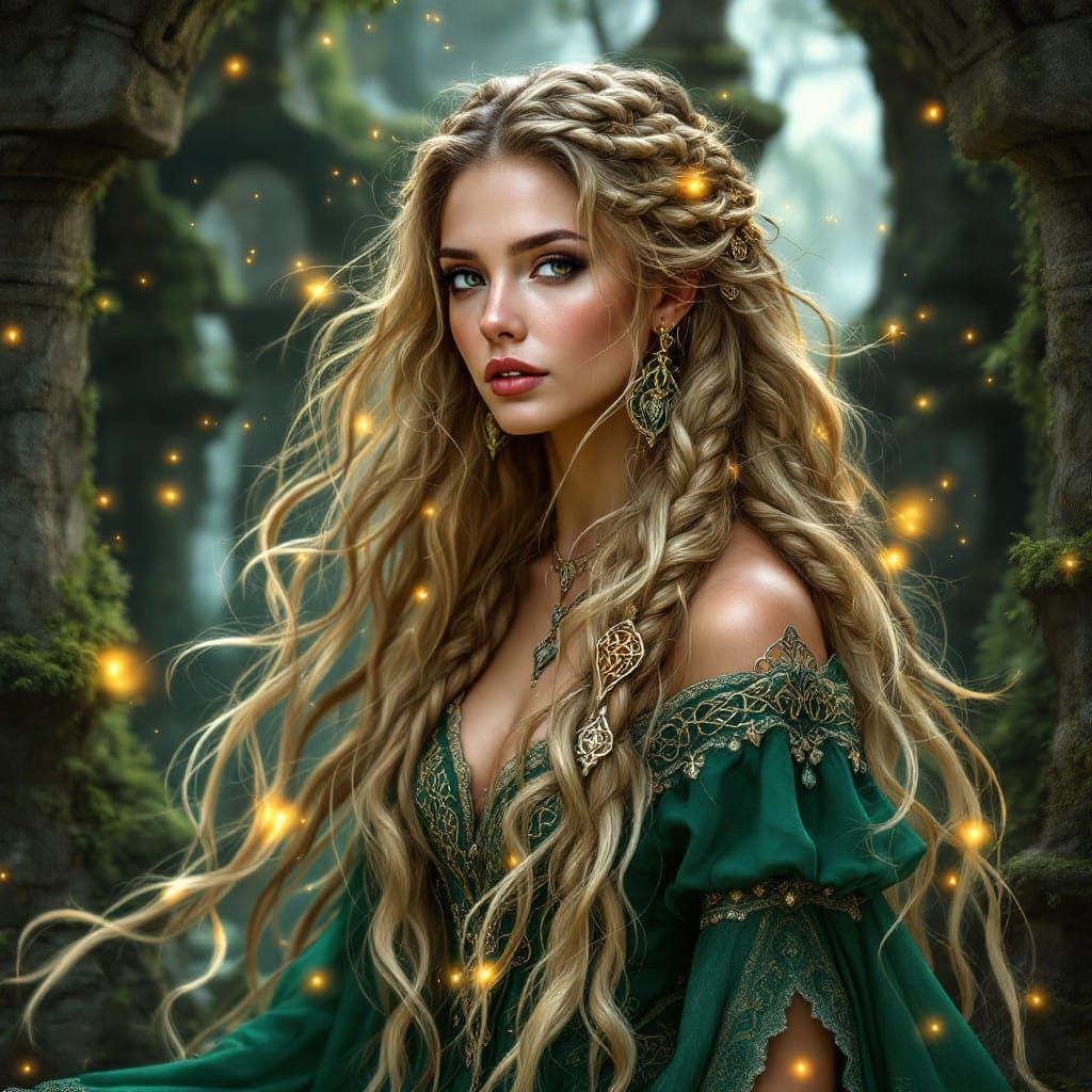 Mystical Celtic Goddess in Emerald Forest, Celtic Knotwork a...