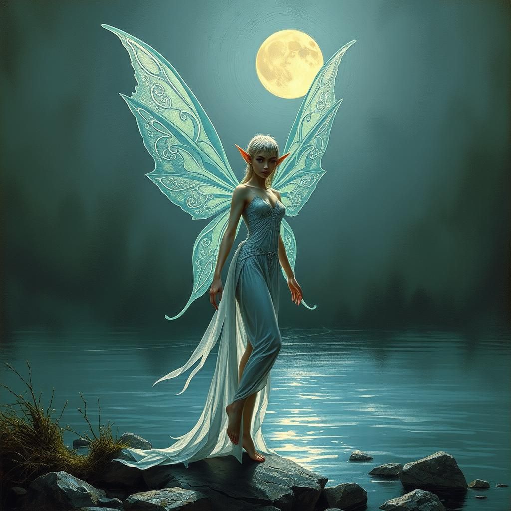 Surreal Fairy Elf River Scene in Heavy Metal Style