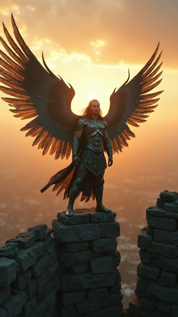 Epic Warrior with Majestic Wingspan in Golden Hour