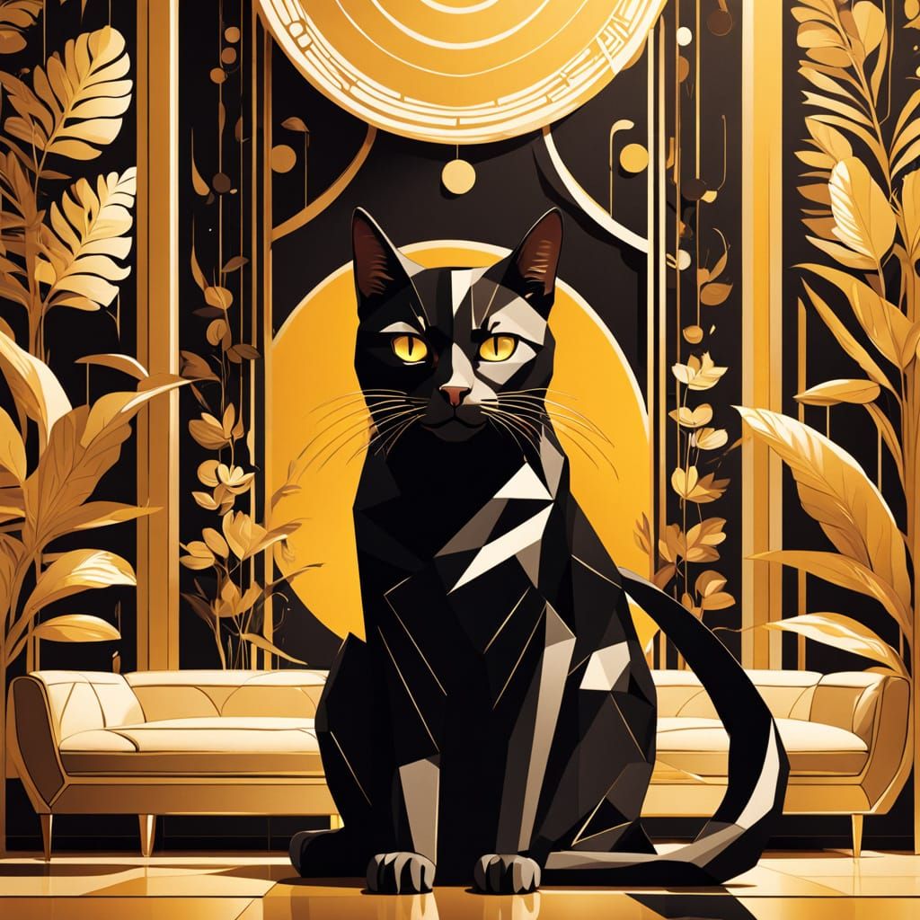Art Deco Cat Illustration in 1960s Style