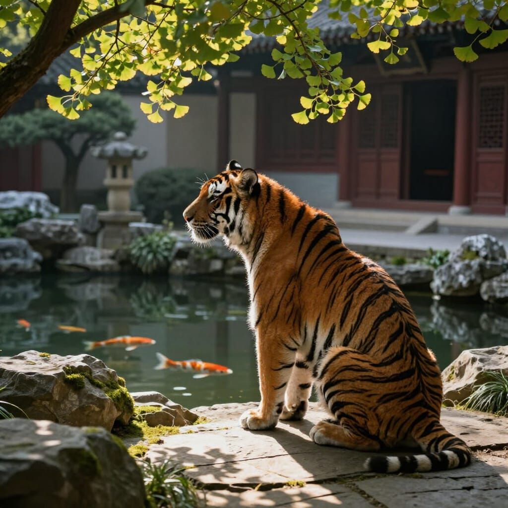 Majestic Tiger in Ancient Temple Garden, Hyperrealistic Styl...