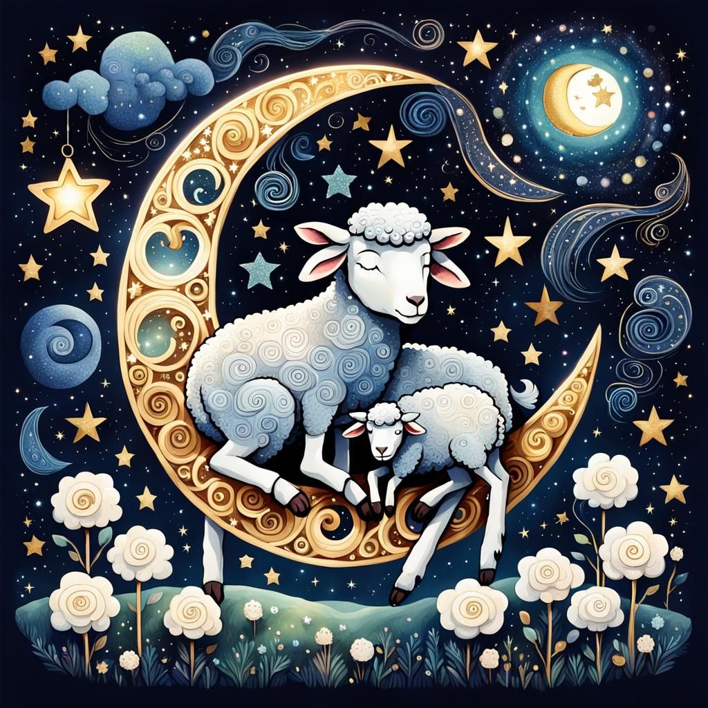 Celestial Sheep in a Whimsical Night Sky