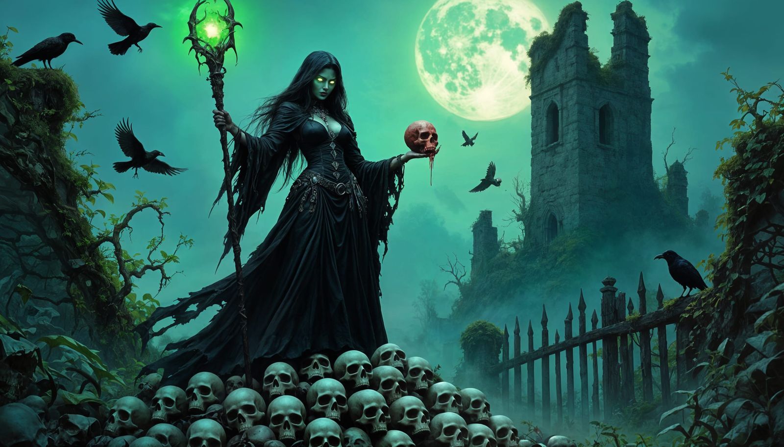 Female Necromancer with Skulls in Dark Garden