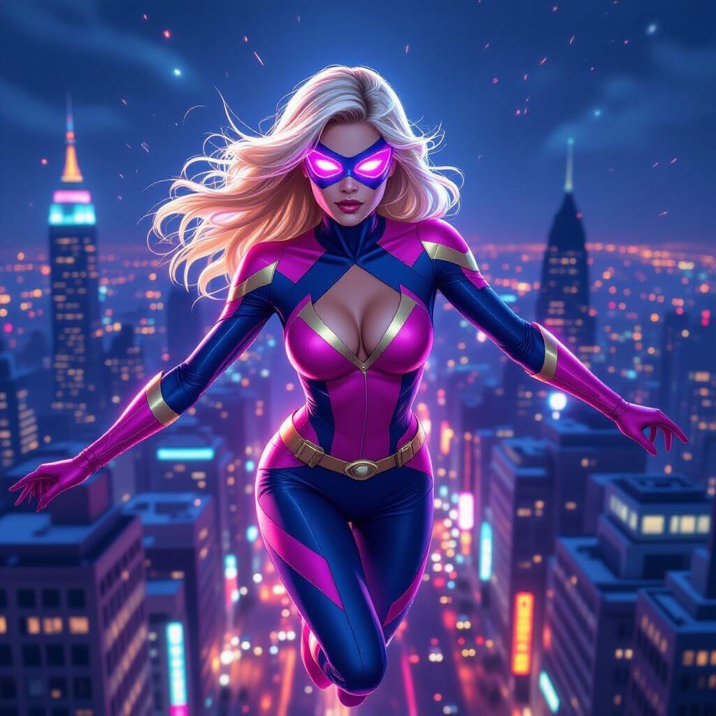 Blonde Superheroine Soars Over Neon Cityscape