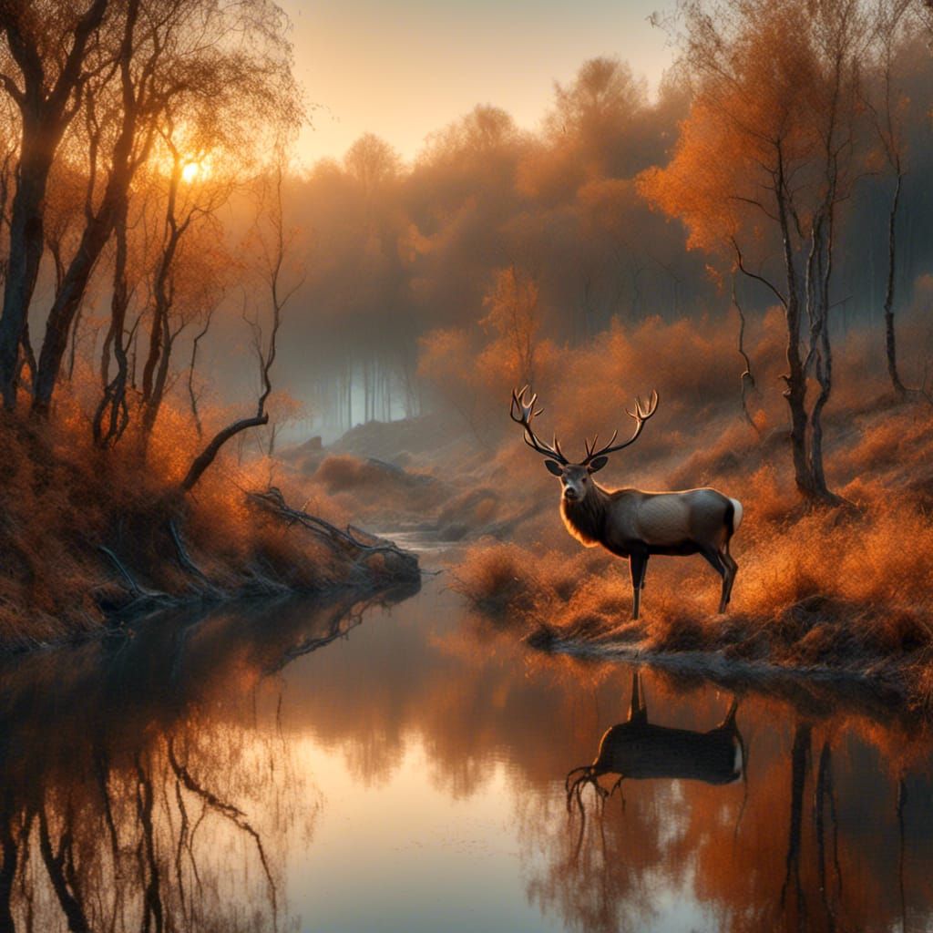 Stag in Autumn Forest Landscape under Golden Hour