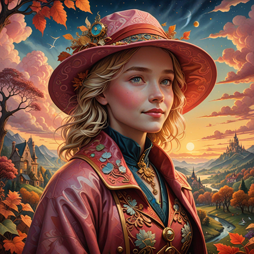 Surreal Autumn Lady in Red Coat Reaches for the Sunrise