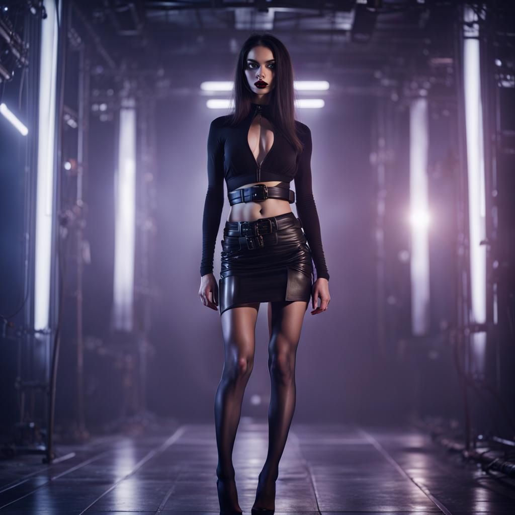 Sultry Fashion Model Unveiled in Dark, High-Tech Setting