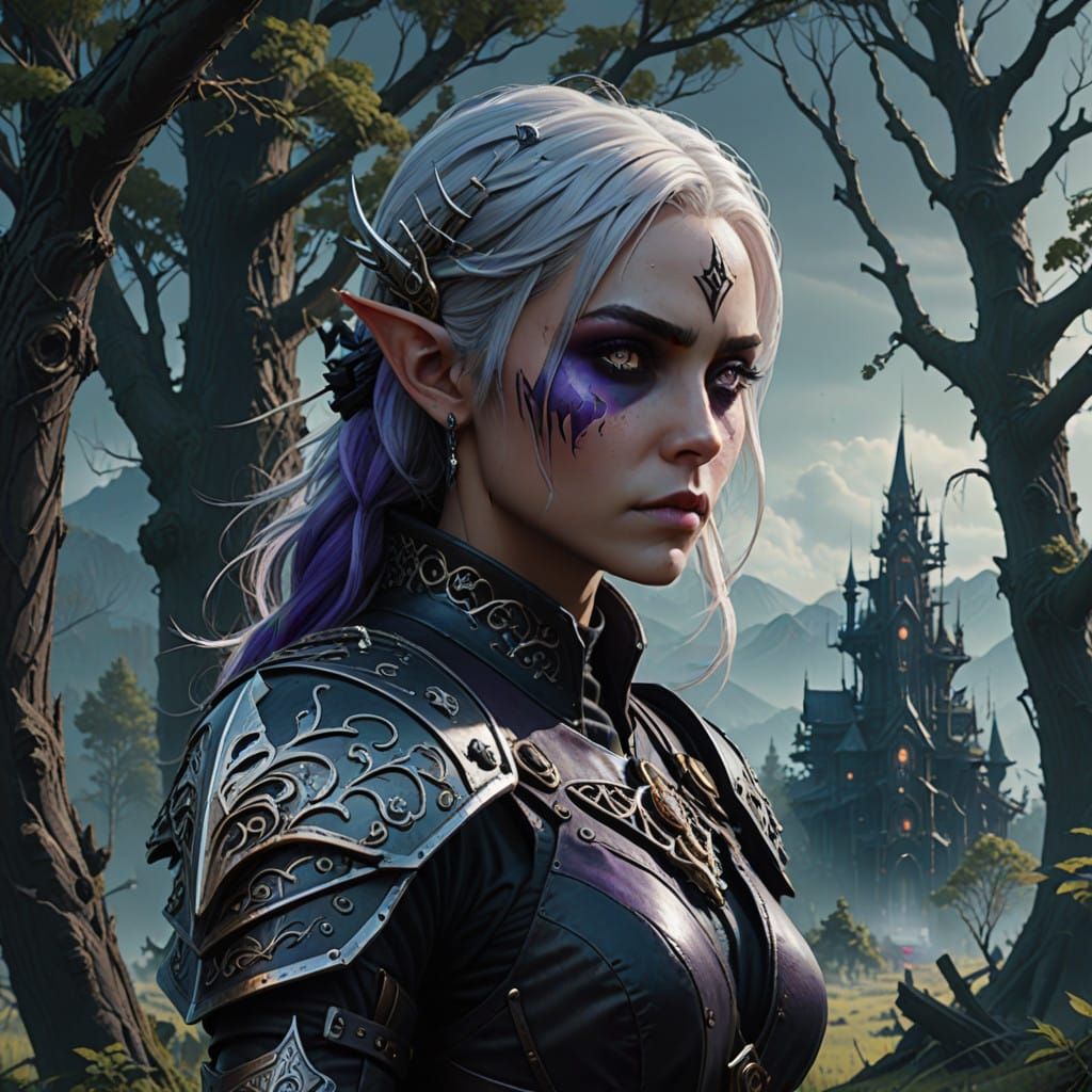 Gothic Drow Elf Warrior in Dark Fantasy Landscape
