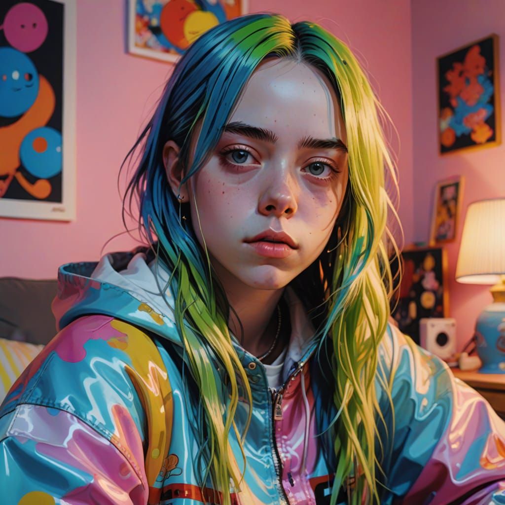 Billie Eilish Pop Art Portrait in Anime Style