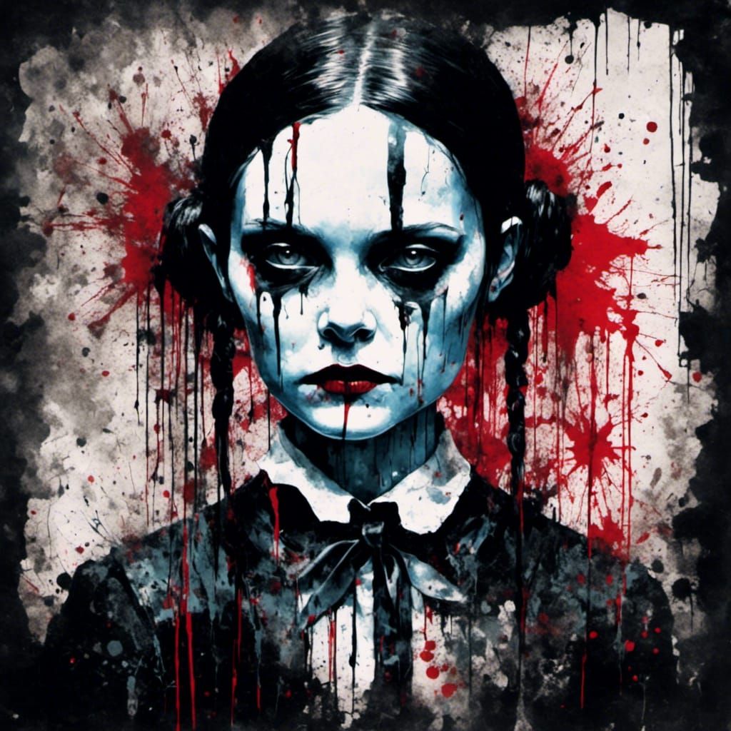 Gothic Teenager Wednesday Addams in Vibrant Graffiti Art