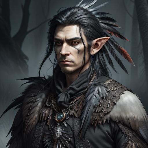 Half Elf Mystic in Shrouded Forest with Raven Companion