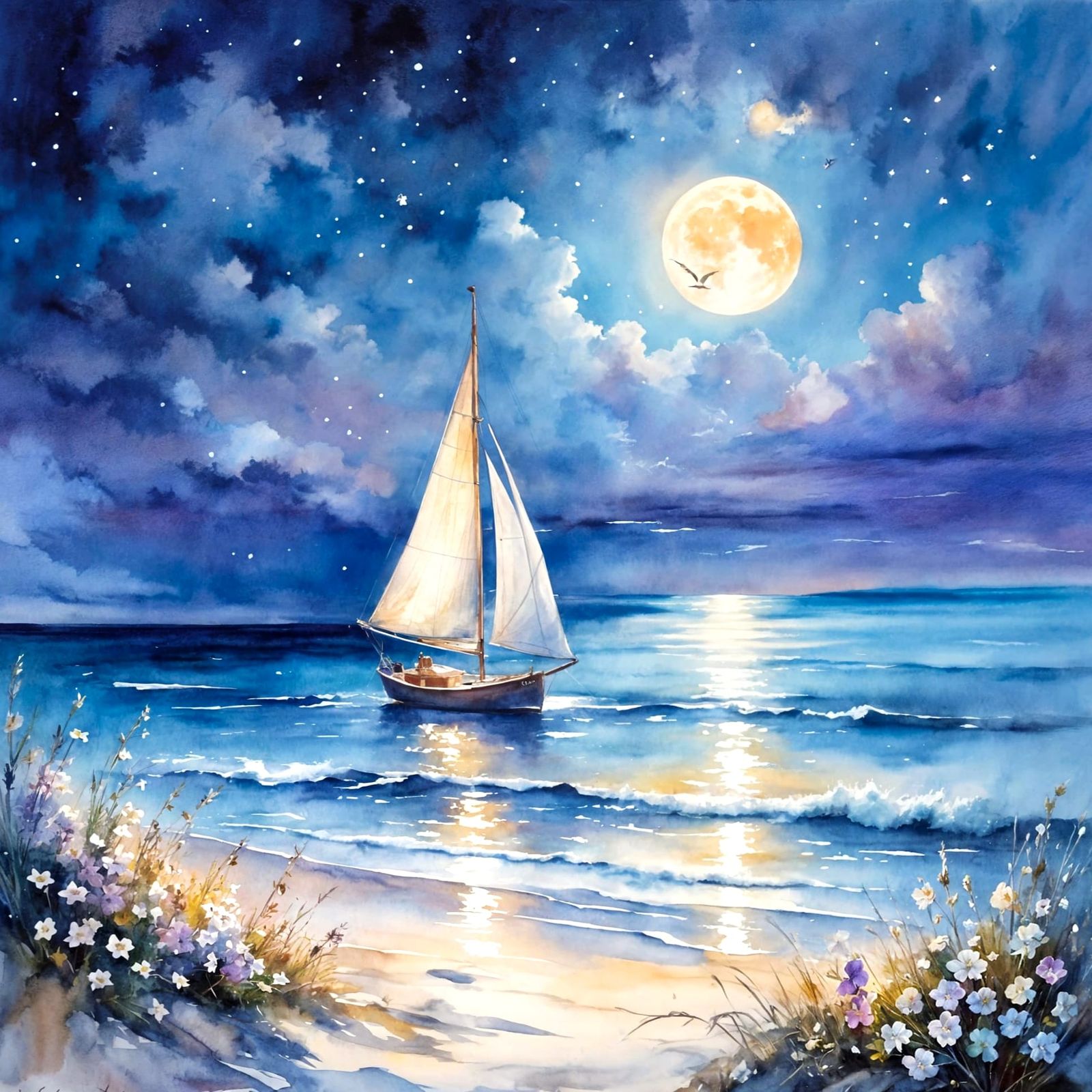 Dreamy Summer Night by the Sea: Watercolor Painting