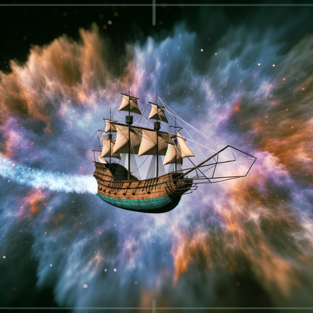 Spanish Galeon turned into a starship, Battlestar Galactica trek,  Doug Drexler style, Unreal Engine, flying through neb...