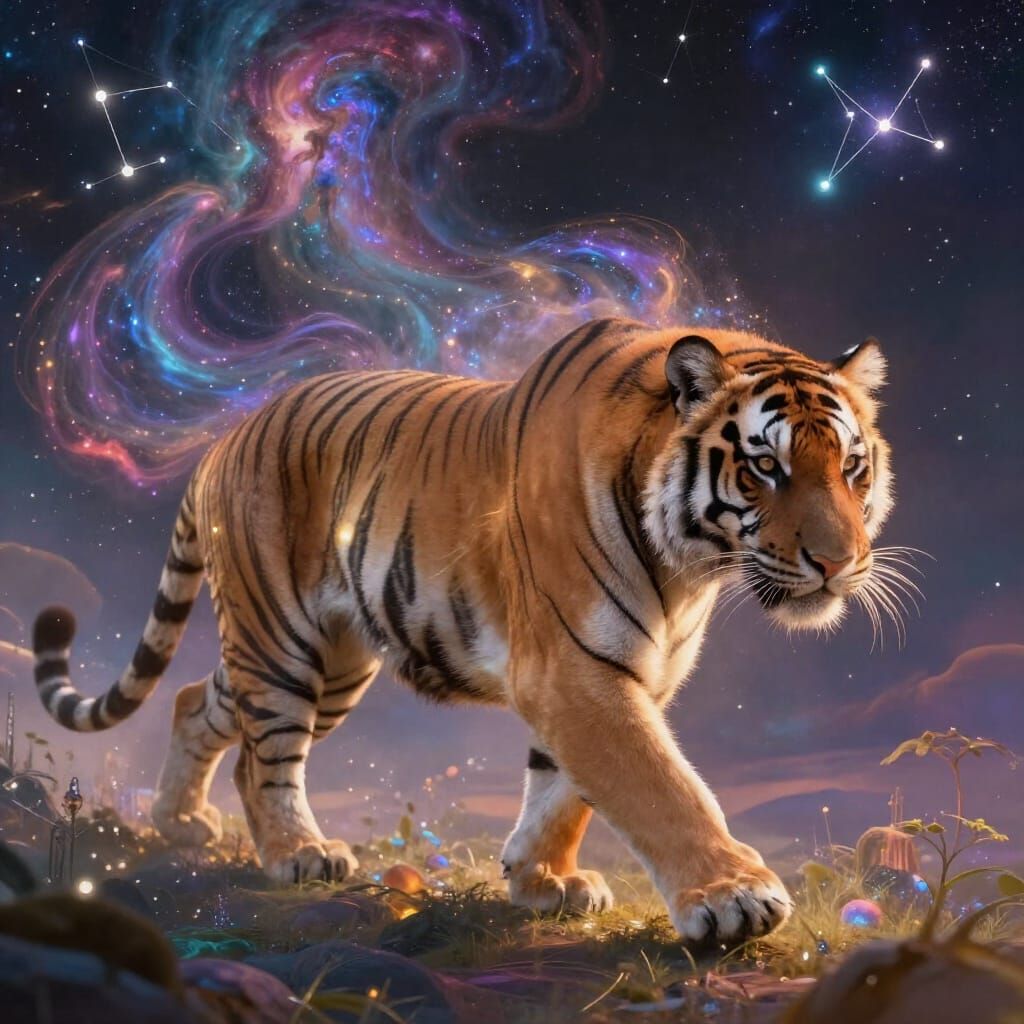 Ethereal Stardust Tiger in Cosmic Dreamscape