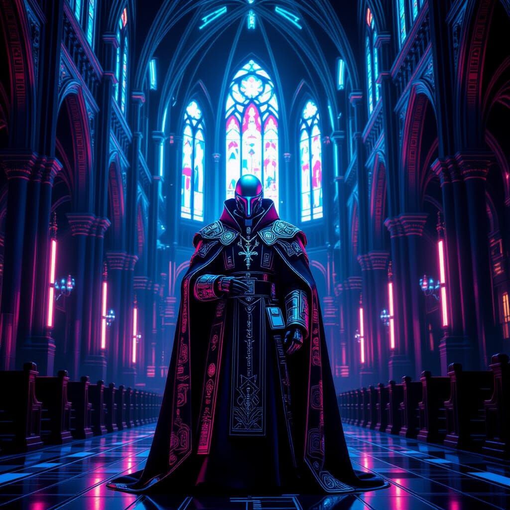 Cyborg Bishop in Cyberpunk Cathedral, Syd Mead Style
