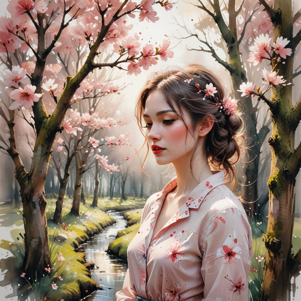 Dreamy Cherry Blossom Orchard in Impressionistic Style