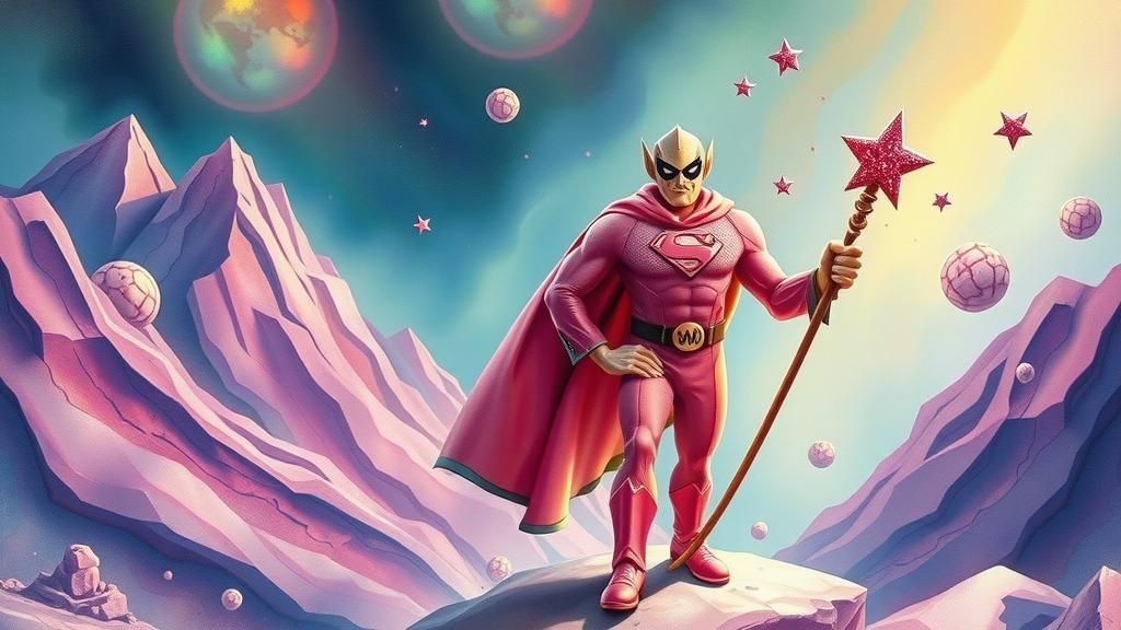 Whimsical Pink Superman in Vibrant Surreal Landscape