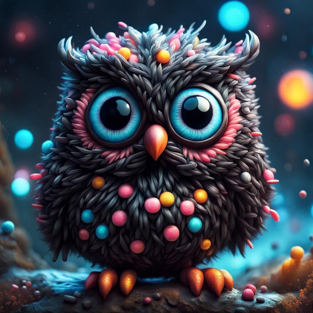 Surreal Licorice Owl Art in Cyberpunk Style