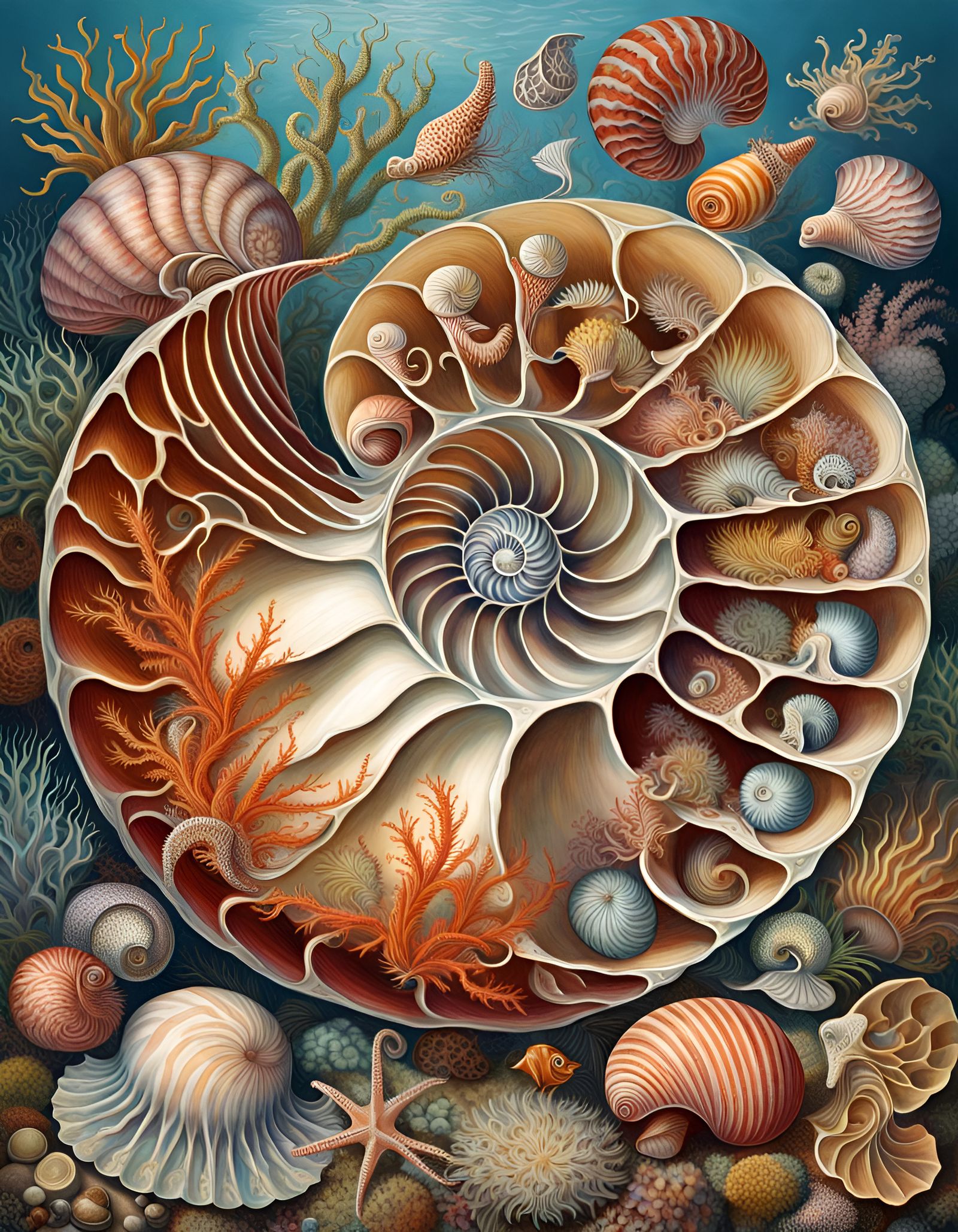Chambered Nautilus Shell Scene in Vibrant Colors