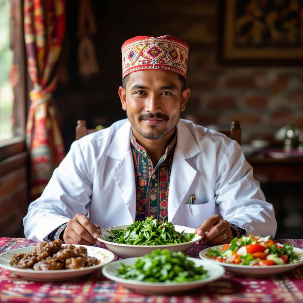 Nepali Doctor Enjoys Meal in Cozy, Photo-Realistic Scene