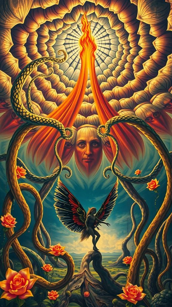 Vibrant Surreal Landscape with Metallic Rorschach Patterns a...