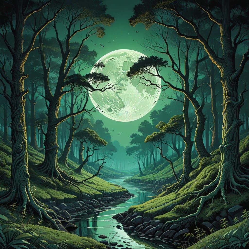 Mystical Forest Under Silver Moonlight in Escher-Inspired Ar...