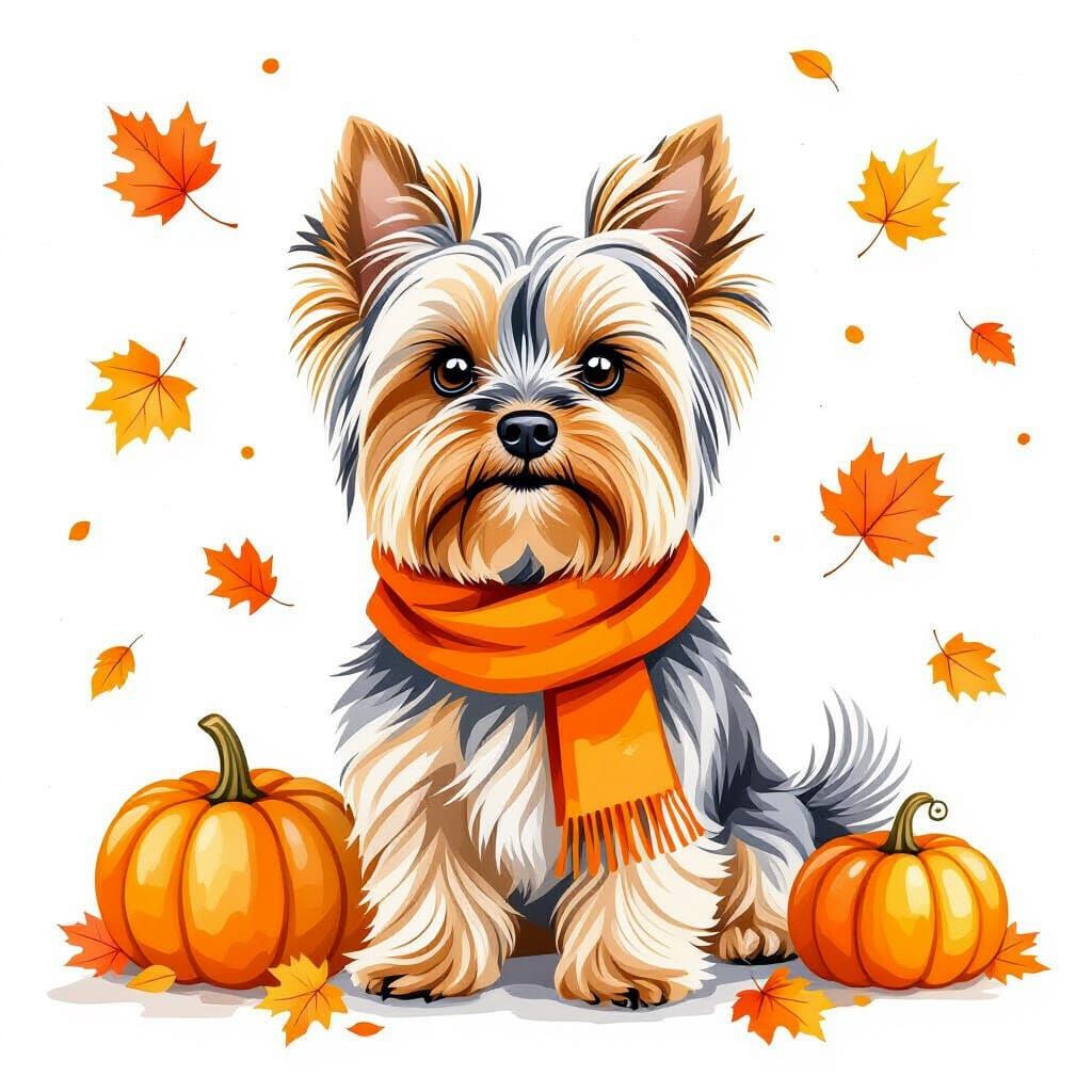 Whimsical Watercolor Yorkshire Terrier with Autumn Leaves