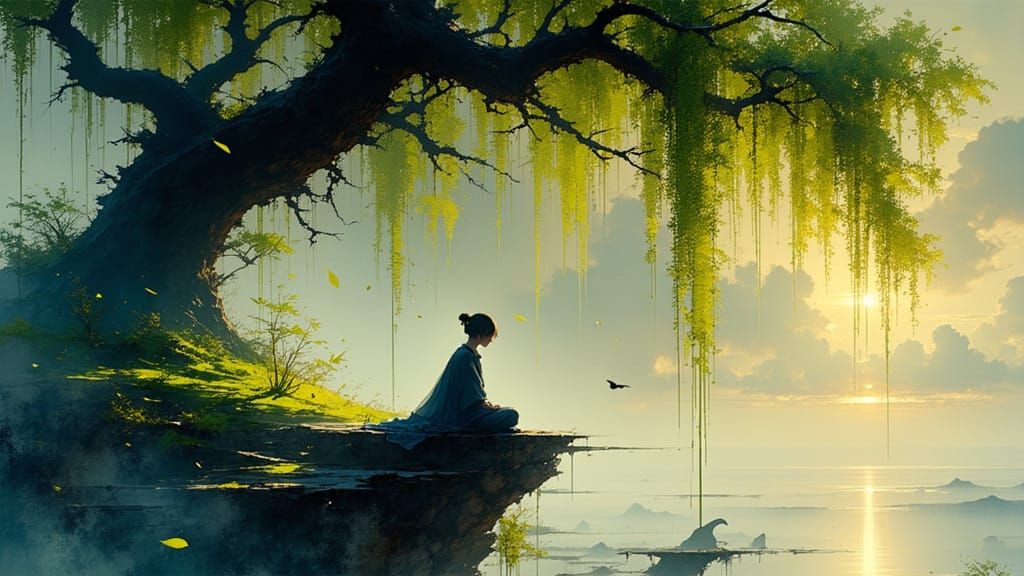 Tranquil Willow Tree Portrait with Dynamic Lighting