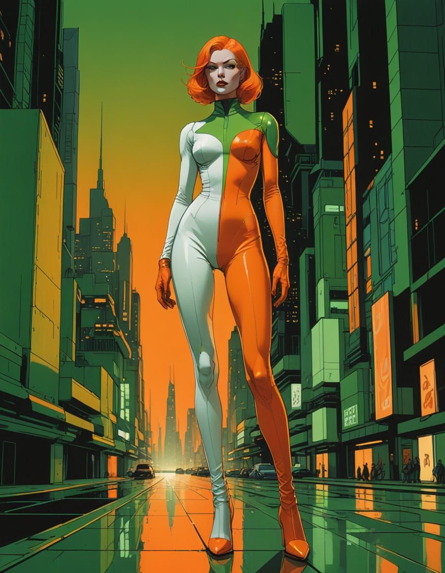 Retro-Futurist Woman in Cyberpunk Cityscape