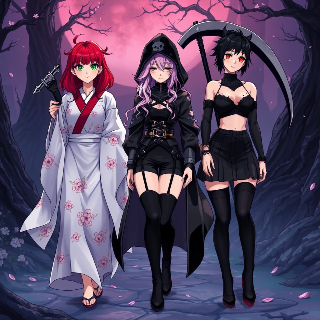Anime-Inspired Women Walk Together in Mystical Underworld