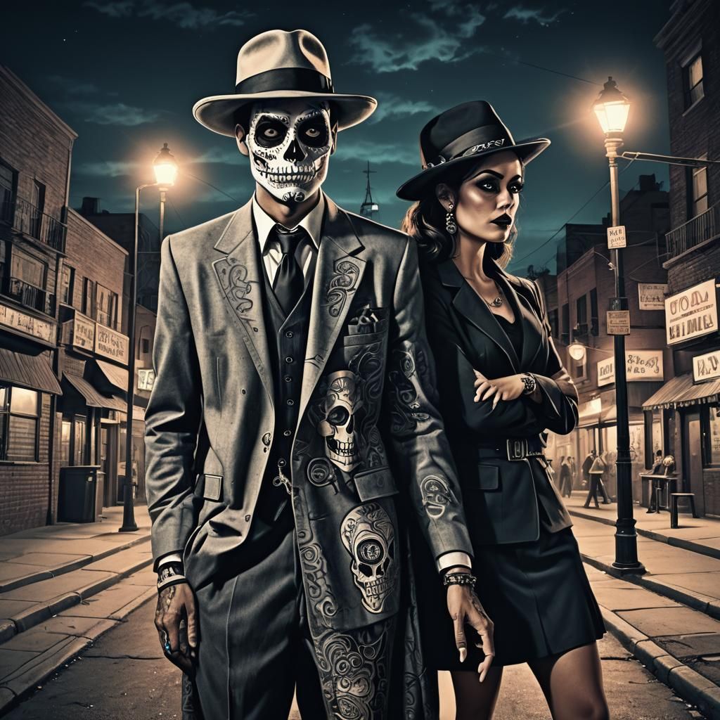 Film Noir Sugar Skulls Under City Lights