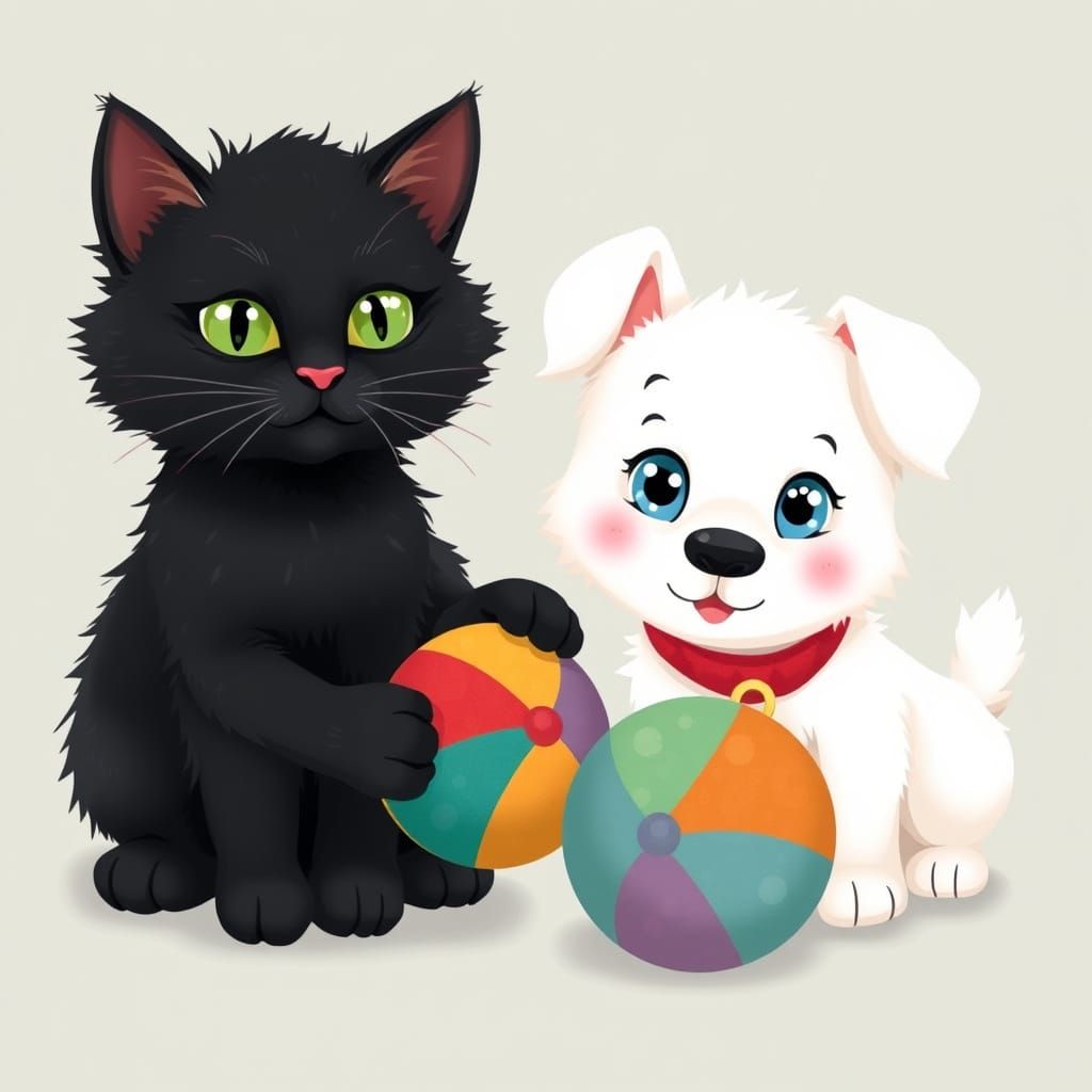 Playful Cat and Dog in Whimsical Style