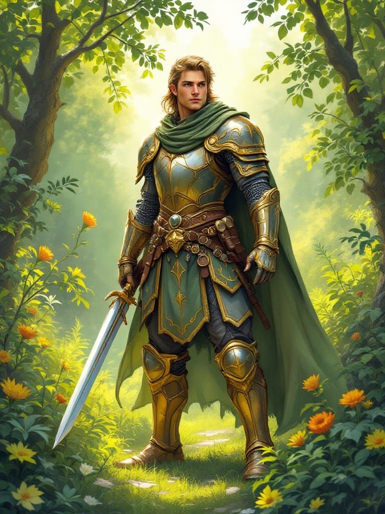 Heroic Armored Ranger in Lush Green Landscape