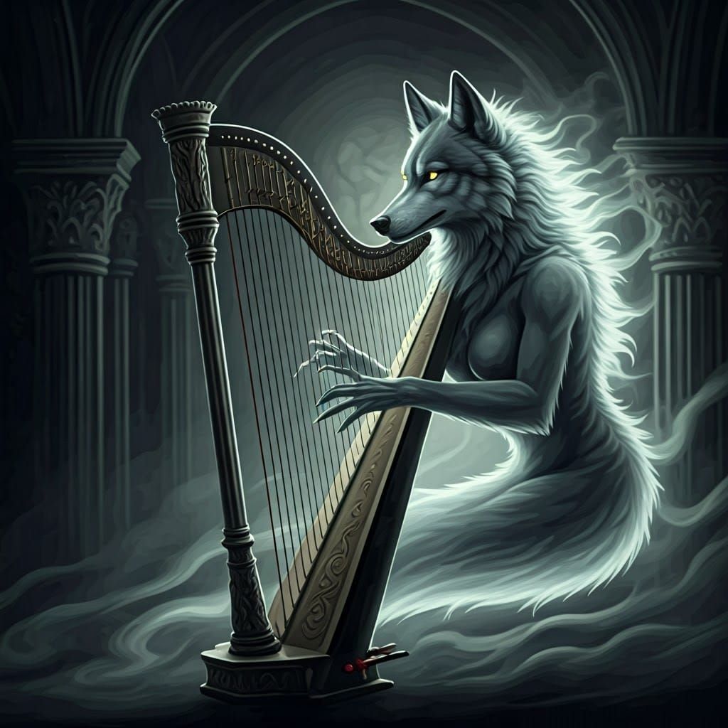 Ghostly Wolf Goddess Plays Gothic Harp in Eerie Chamber