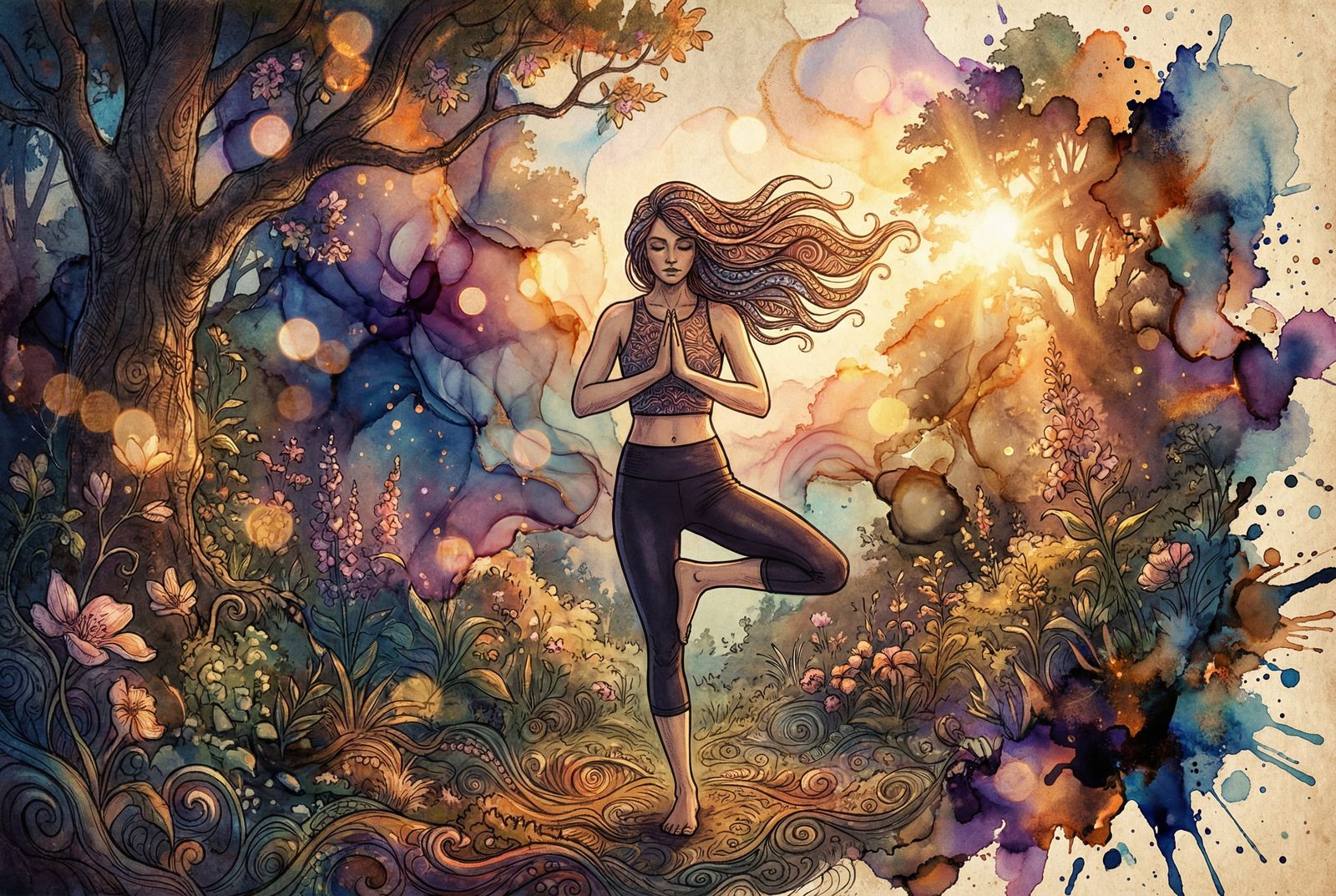 Serene Woman Yoga in Garden at Sunrise in Art Brut Style