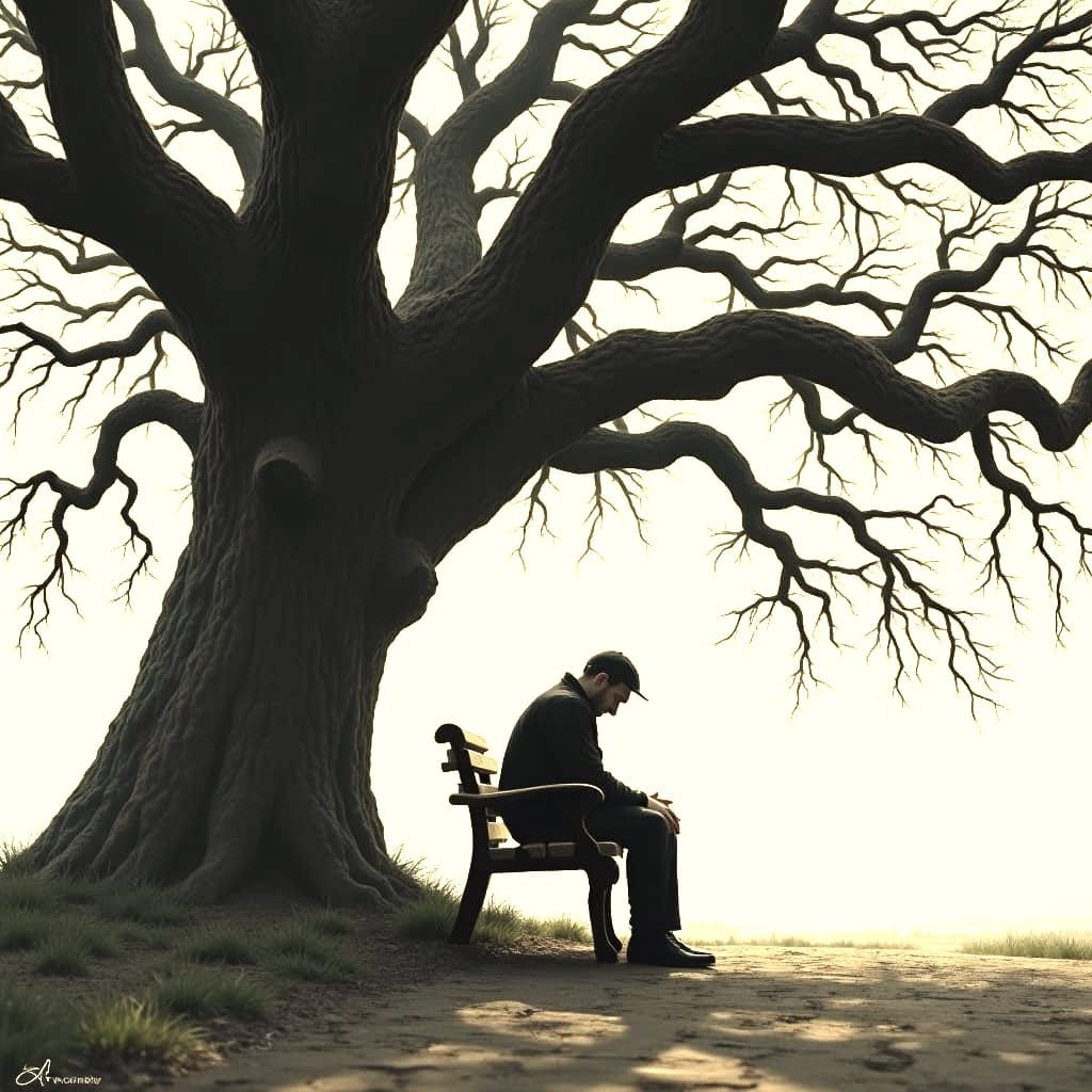 A Lonely Man Sits in the Shadows of a Tree