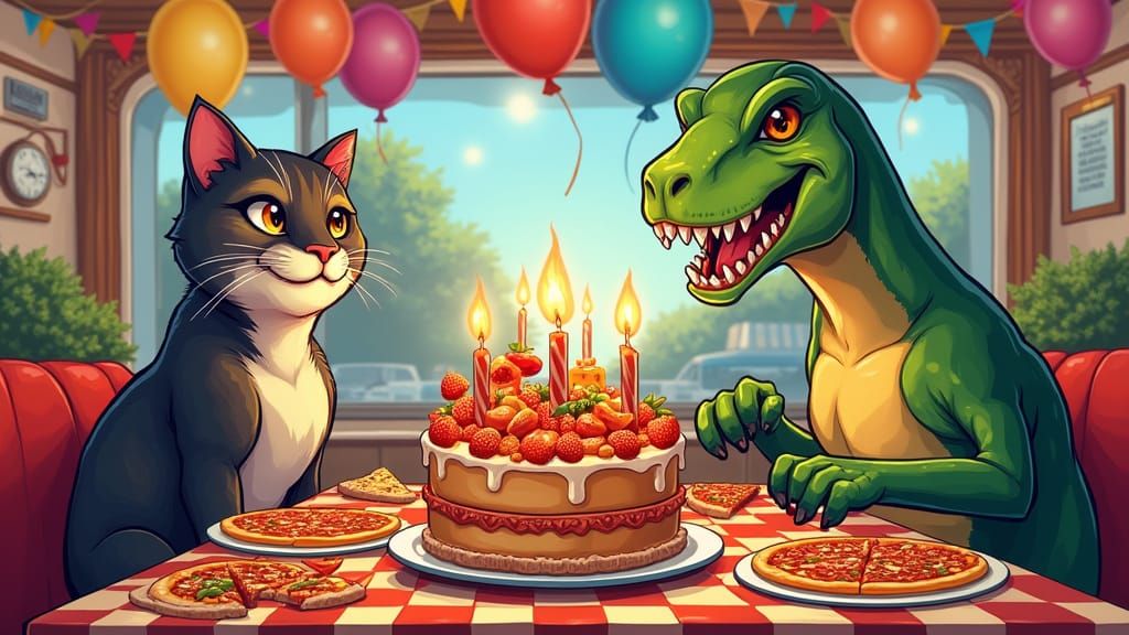Diner Birthday Party with Cat, Panther, and T-Rex