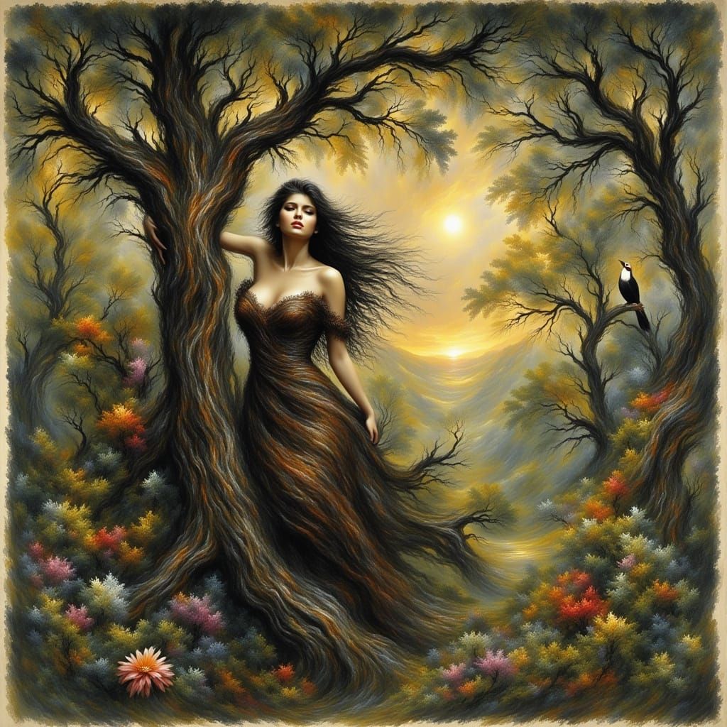 Woman in Tropical Forest Painting in Rousseau Style